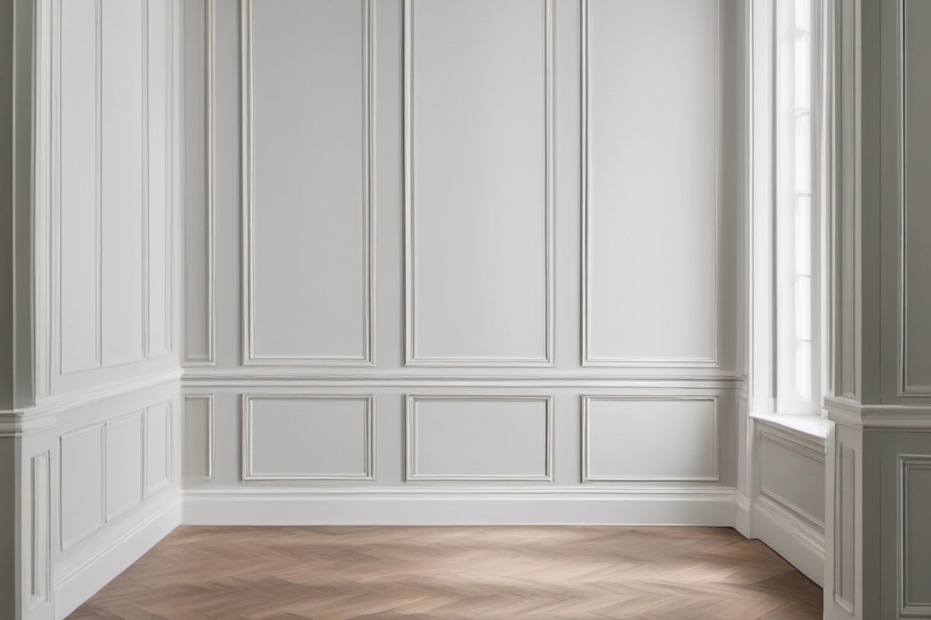 Empty modern room with wall trim, such as wainscoting and chair rails during the day time