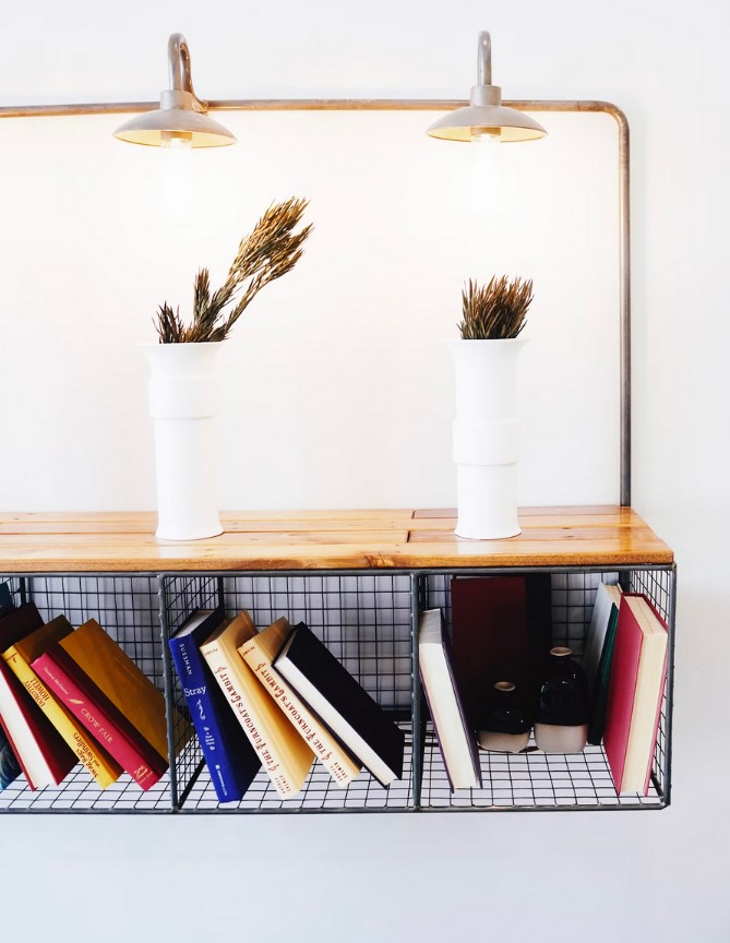 Floating multi function shelf, wood, books, potted plant decor