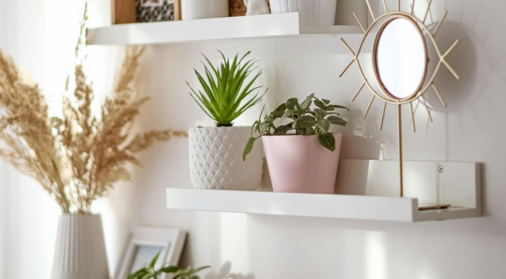 Floating shelf with mirror and botany, light and white colors