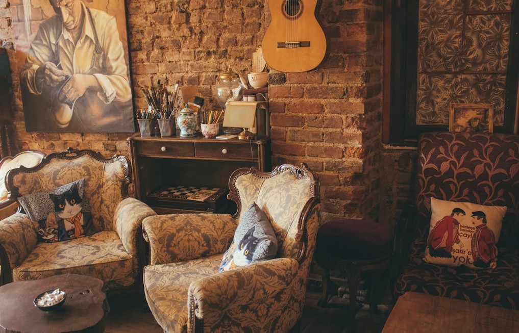 Room with natural home decor texture, brick, wood and natural lighting
