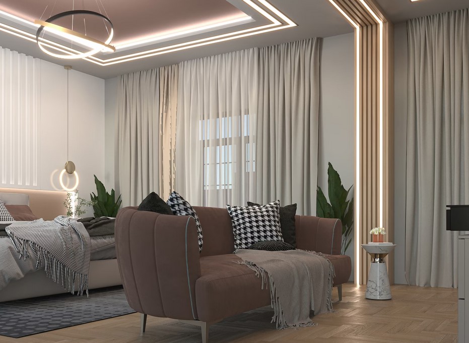 A very stylish room with sofa and bed near each other