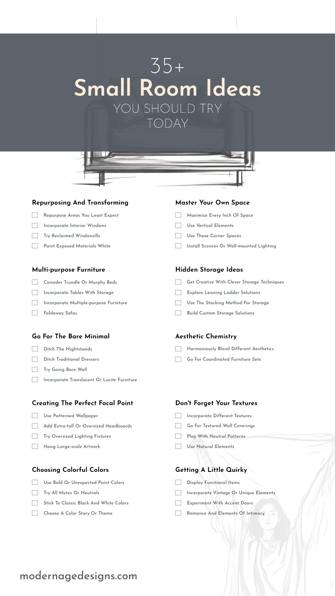 A graphical checklist of 35 ideas for a small room