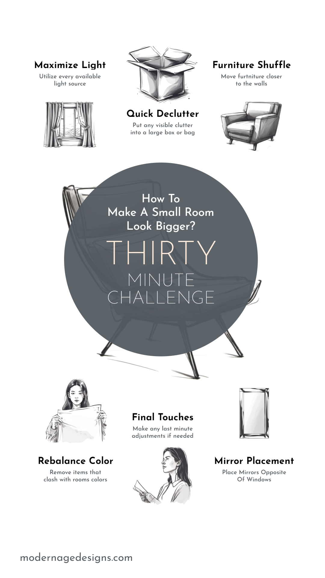 A graphical guide on how to make a small room look bigger, thirty minute challenge