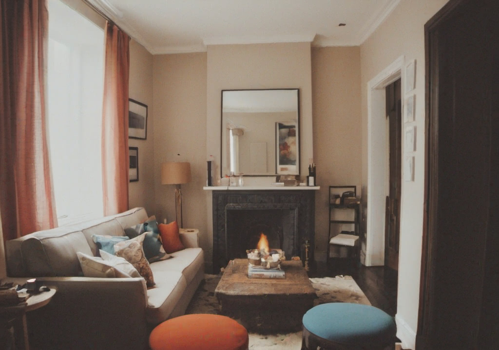 A very small living room in a chich bohemian mixed style, very moody soft vignette light