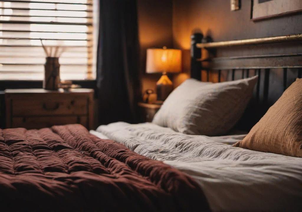 Close up of a bed in the evening in the style of rustic and bohemian