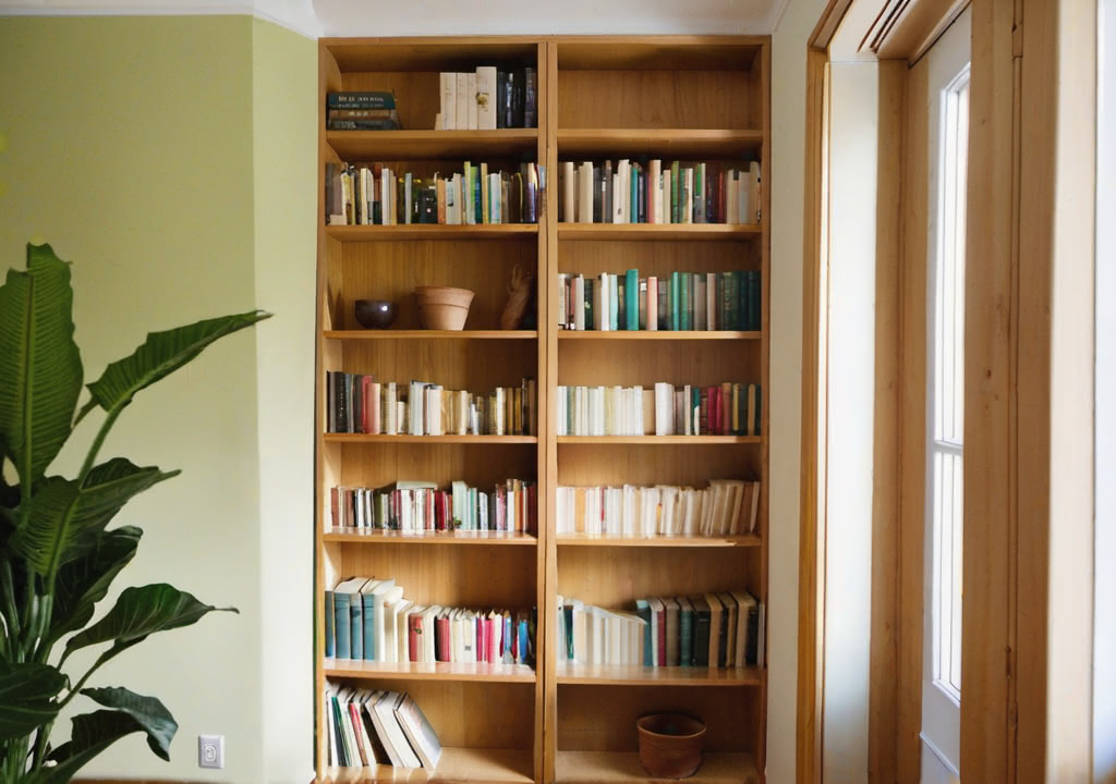 A wooden ceiling to floor book shelf in a Scandi-style inspired room with plant decor