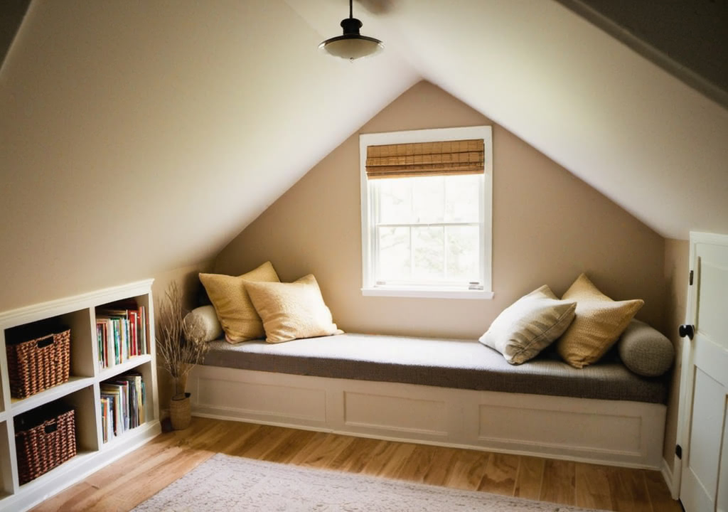 A very small attic converted into a bedroom, during the day, morning light