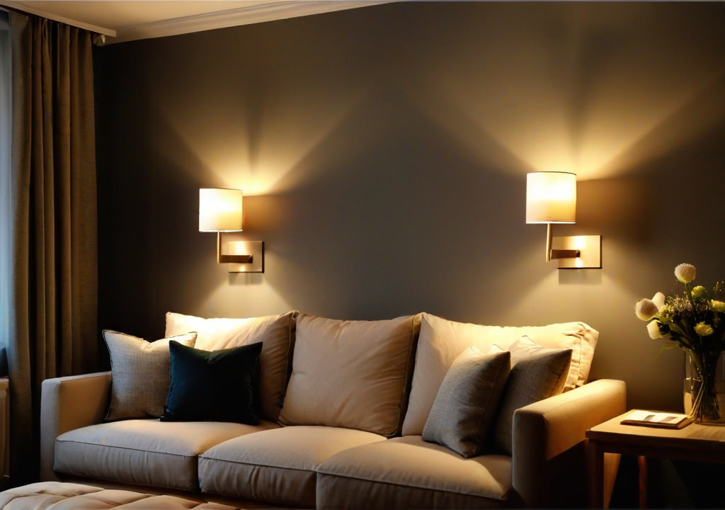 A living room with moody wall mounted lights above a stylish but simple sofa