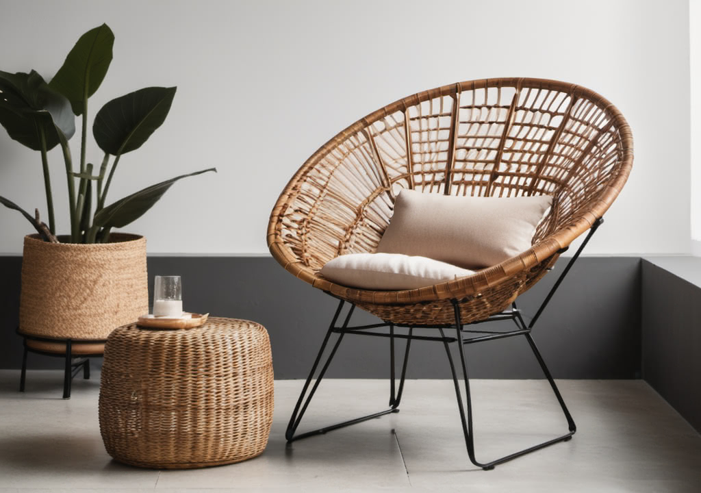 Modern Scandi-styled rattan and steel chair