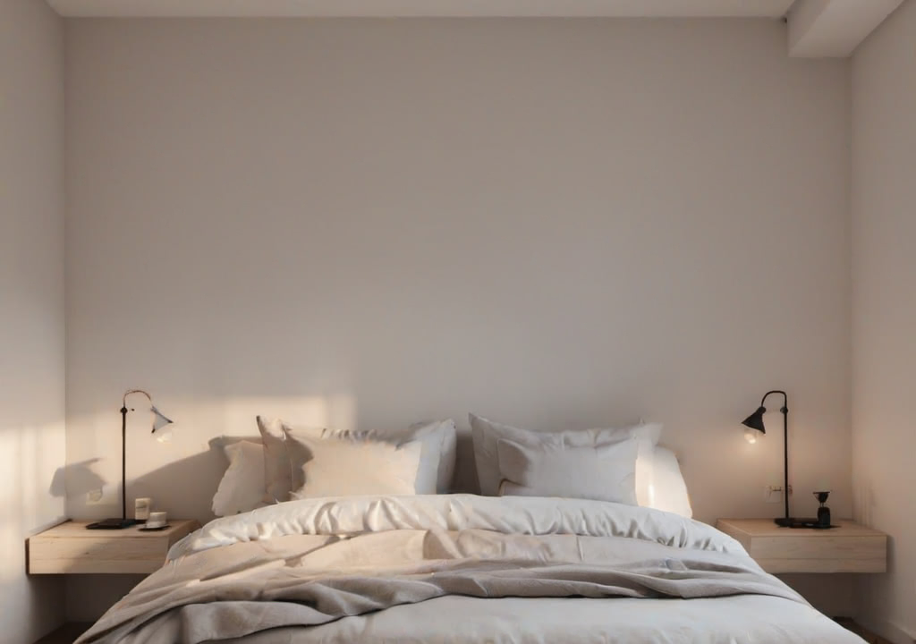 A chic Nordic styled room with a double bed and bare white walls