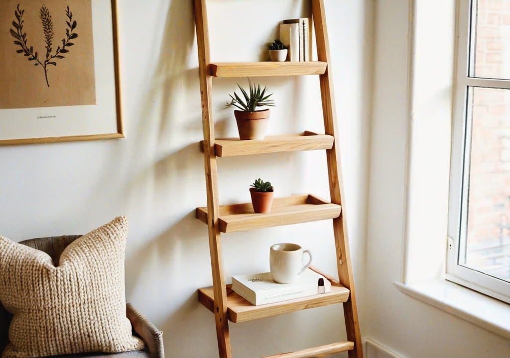 Nordic style leaning ladder with small plant decorations, a very unique concept for small room ideas