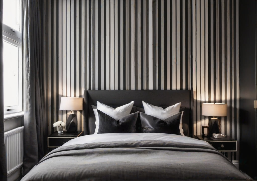 A small bedroom with a stripey wallpaper, dark colors with light accents