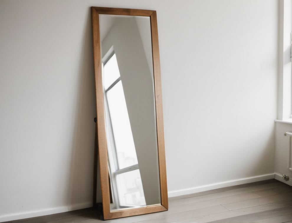 A tall mirror on the floor resting against a light colored wall, wood finish
