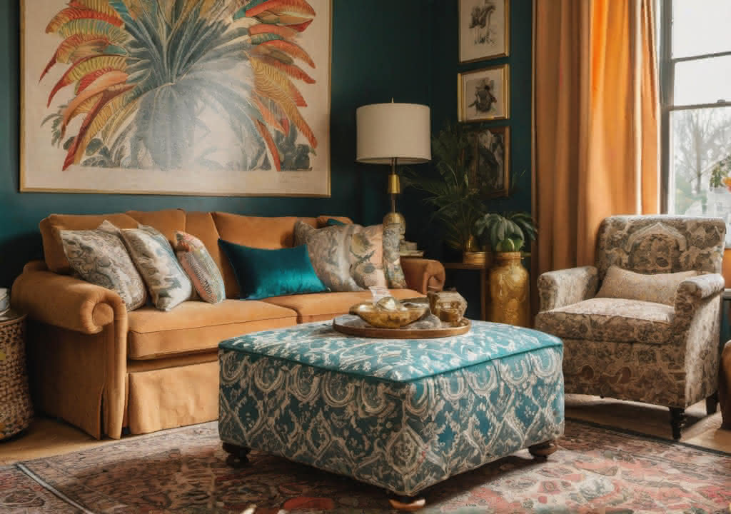 Beautiful patterned ottoman in a living room of vibrant green and orange colors
