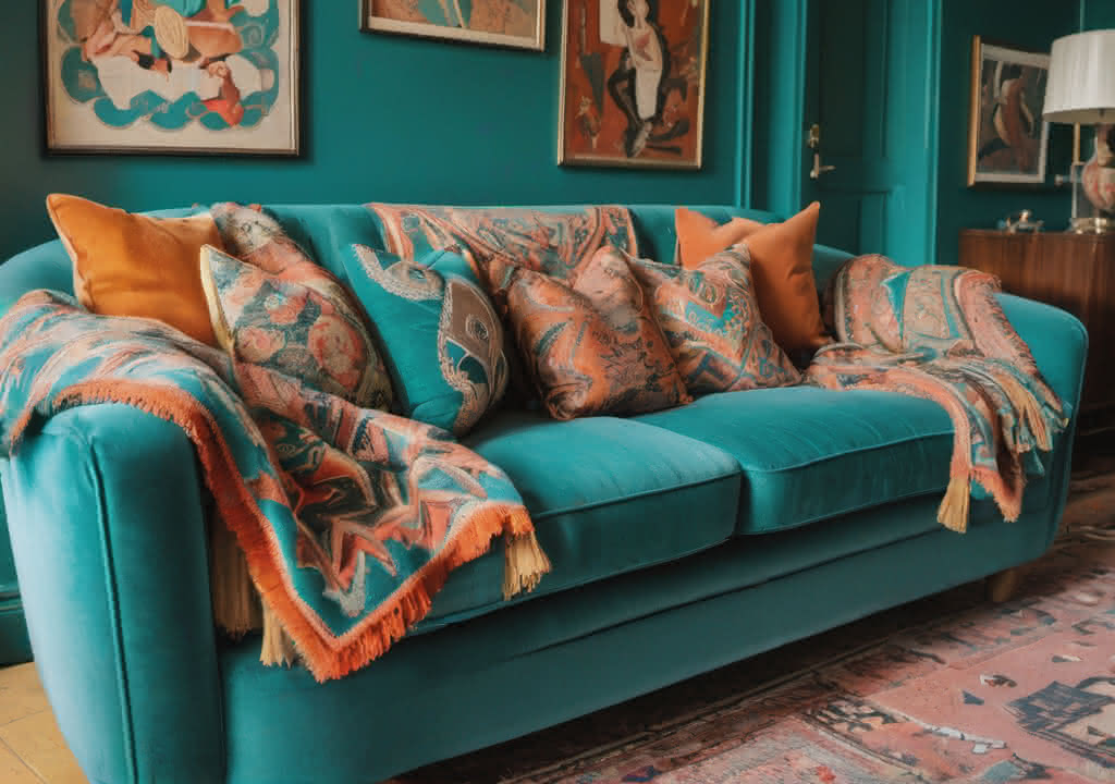 Brightly lit room with a colorful turquoise three seater sofa, various all art and orange a turquoise throws