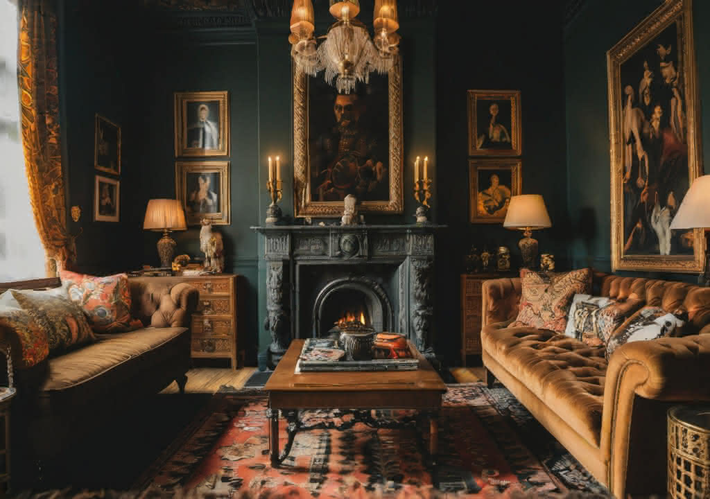 A Colonial and maximalist design mixed living room, two large sofas, various wall art, dark green colors, mid day natural lighting