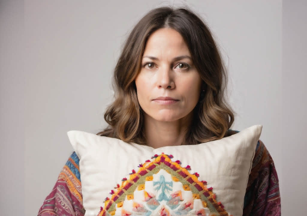 A portrait of a hippie woman with shoulder length wavy hair holding a patterned white pillow