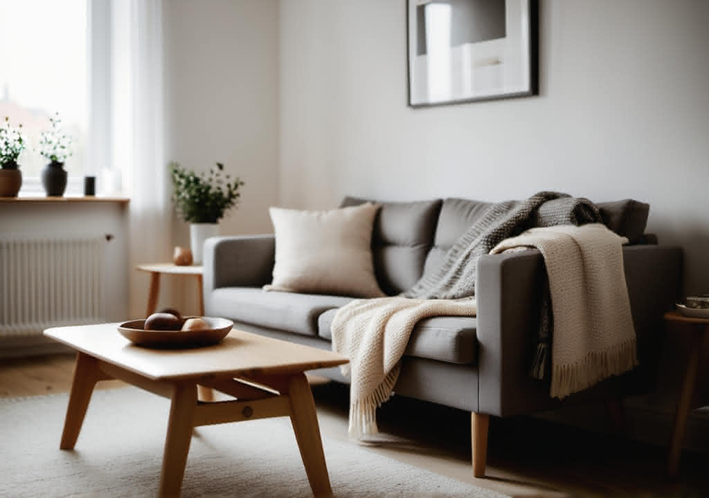 Living room with Scandi designed table and couch with throws