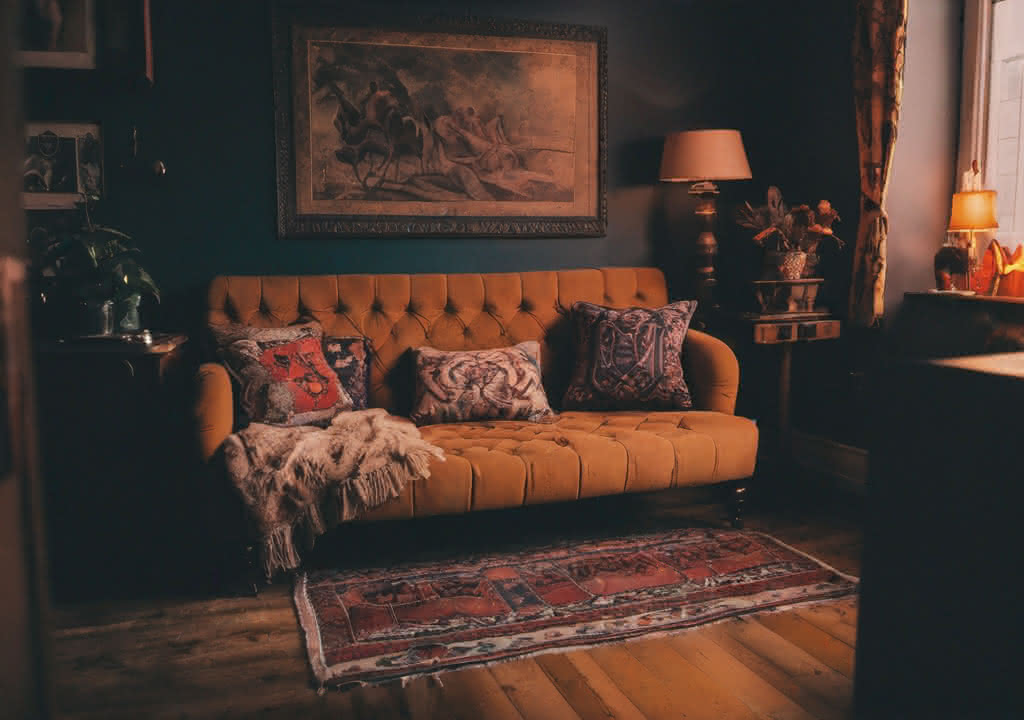Romantic lighting setting bohemian maximalism design mix living room