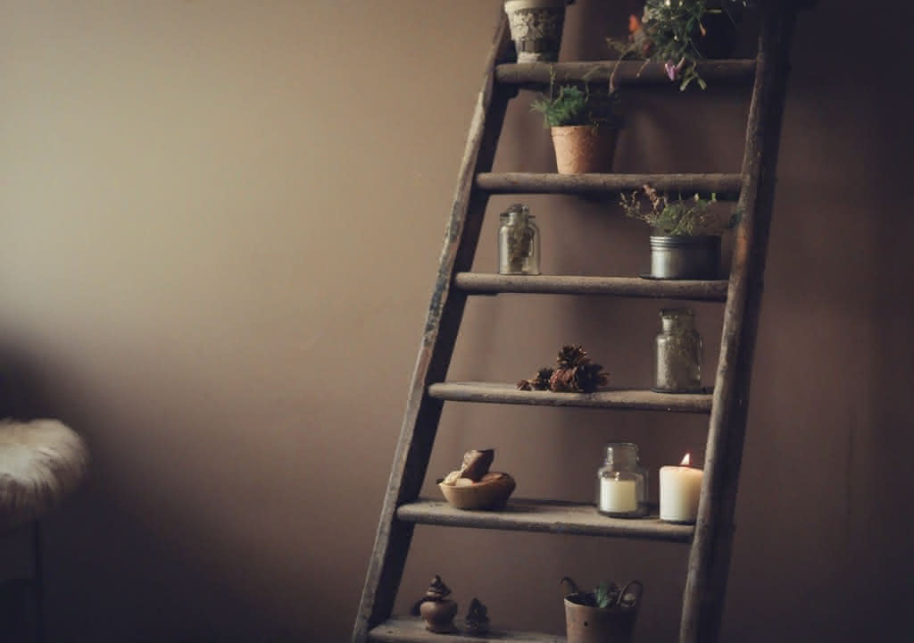 Old repurposed ladders used for small fancy decorations
