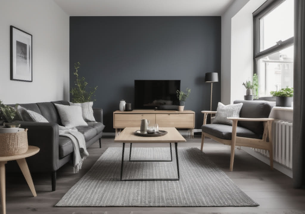 Slate colored wall accent in Scandi styled living room