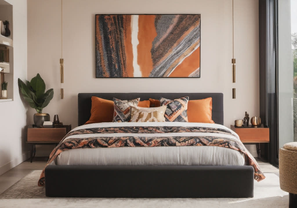 Ulrta modern maximalist styled bedroom orange, brown, and beige color schemes with brass and botanical decor