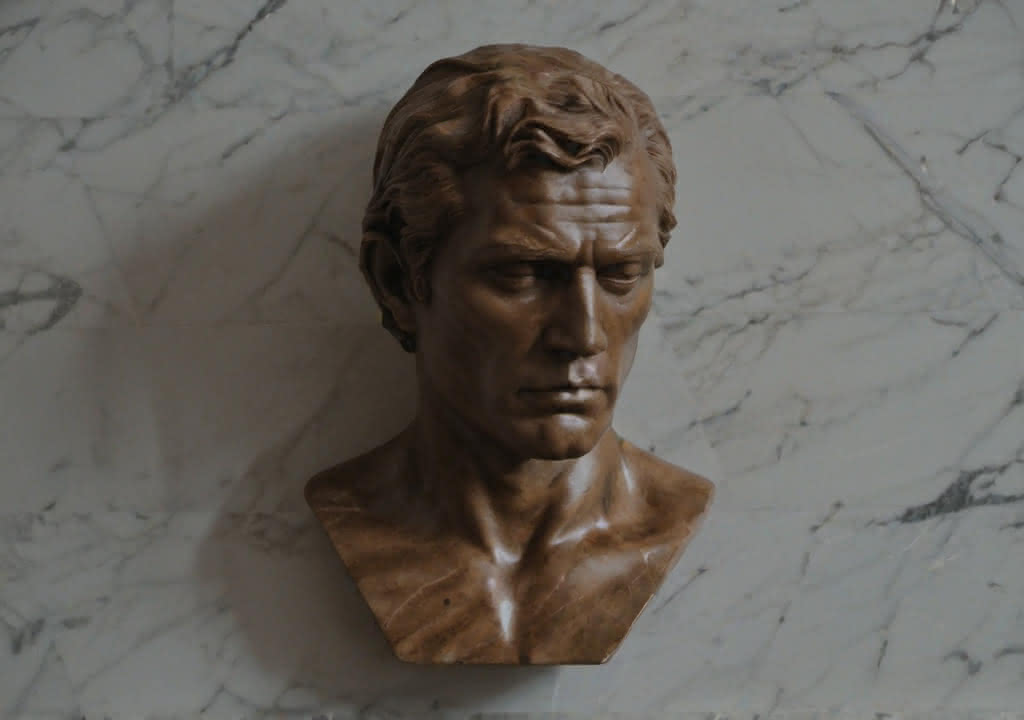 Bronze wall art bust of a stern looking man, marble-like wallpaper