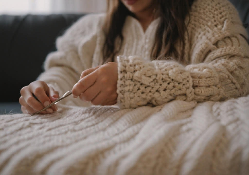 woman knitting wearing a big woolly sweater