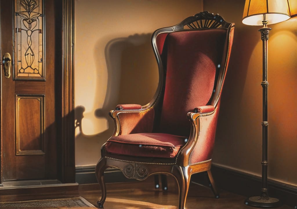 An Art Nouveau styled chair with tall lit reading lamp