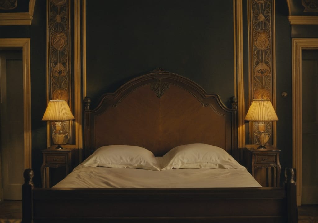 Art Nouveau bedroom with moody lighting