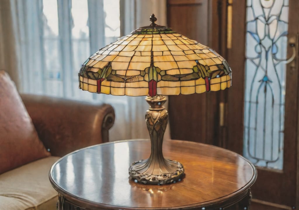 Circular table with Art Nouveau styled lamp