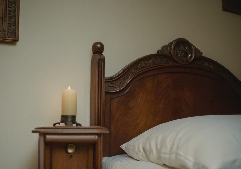 Close up of small bed side table and bed