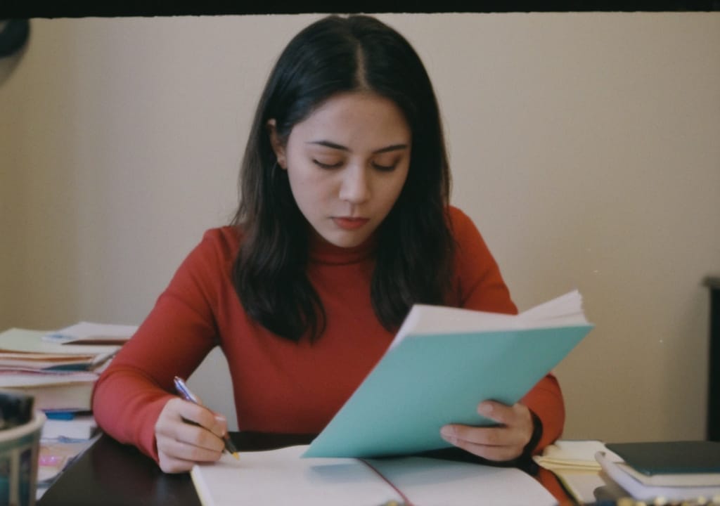 Woman with black hair and red top planning, holding notebook and learning about home diy projects
