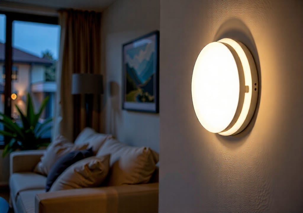 Circular light puck in living room