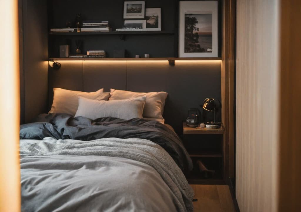 Close up Japandi styled small bedroom
