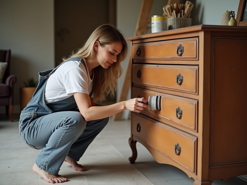 Person adding finishing to an old dresser