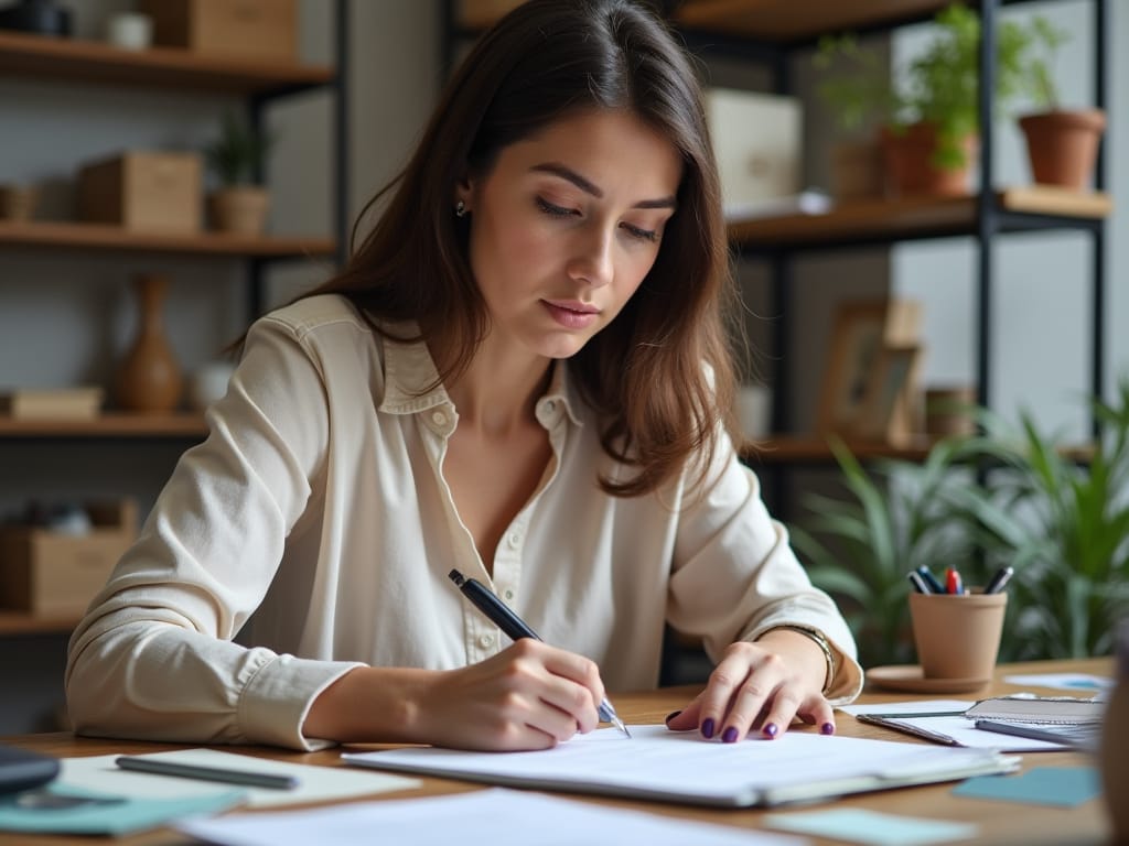 Woman planning multiple tasks at her desk