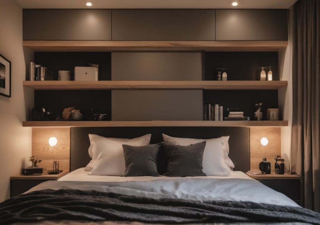 A small room with storage over bed