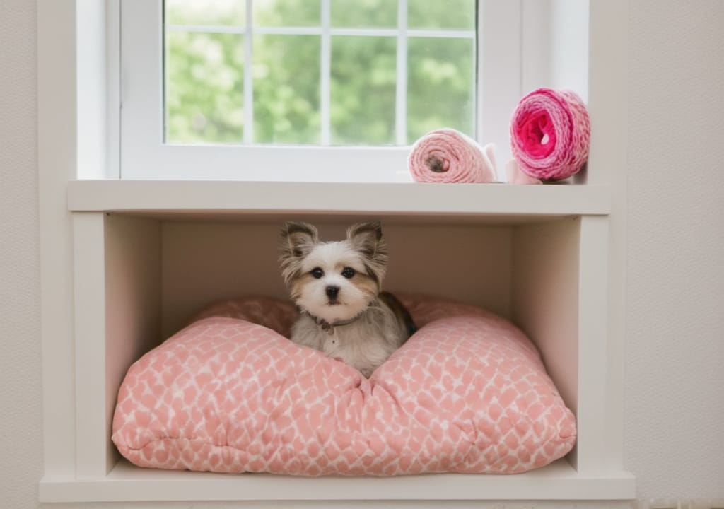 Toy dog in custom dog bed nook under window