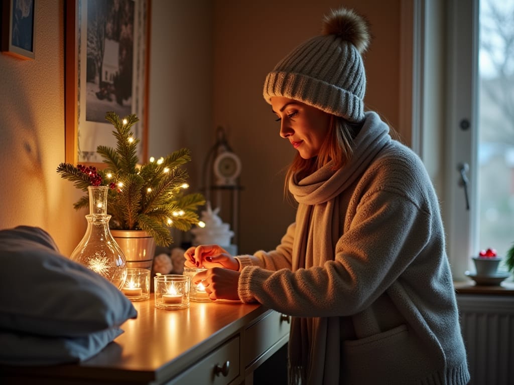 Woman finishes decorating her bedroom for the Winter