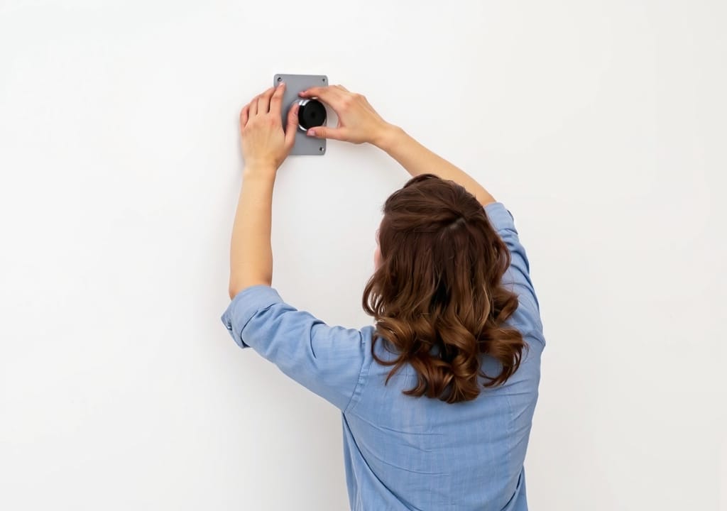 Woman installing the light fixture