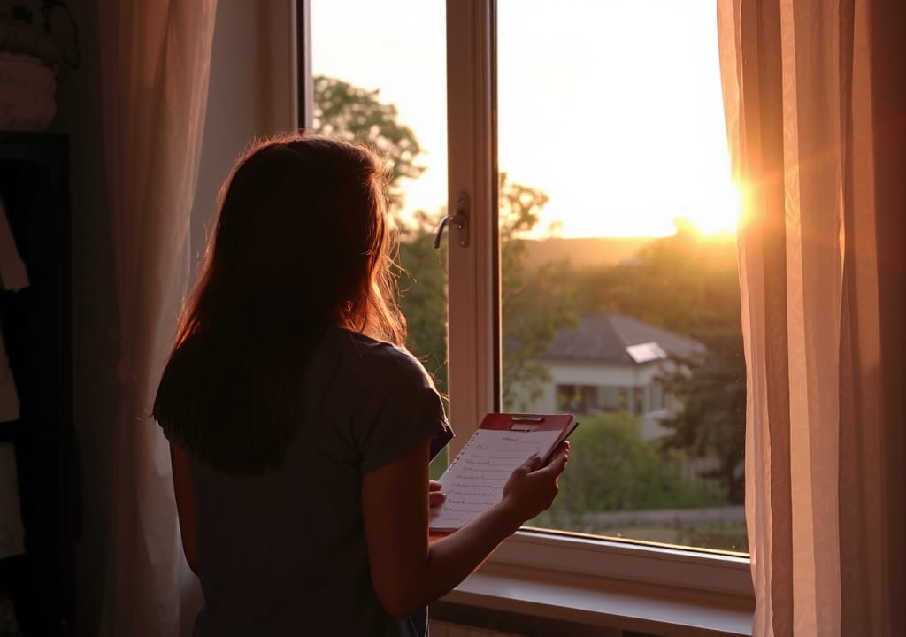 Woman looking outside bedroom window taking notes of sunset for best results for DIY lighting fixtures