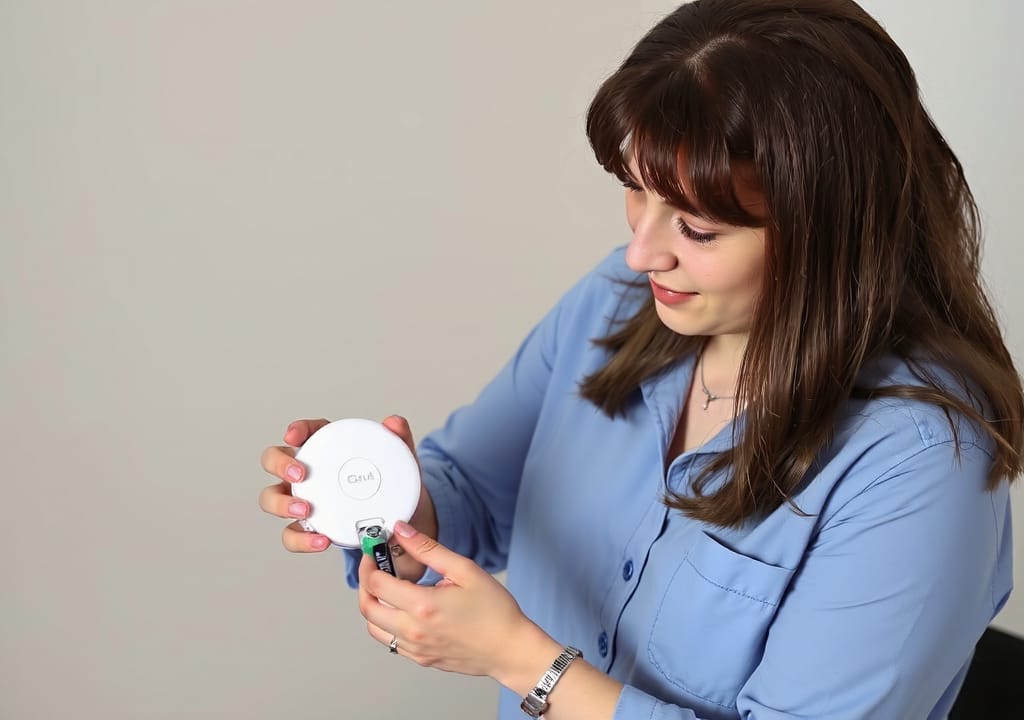 Woman placing batteries into DIY light fixture
