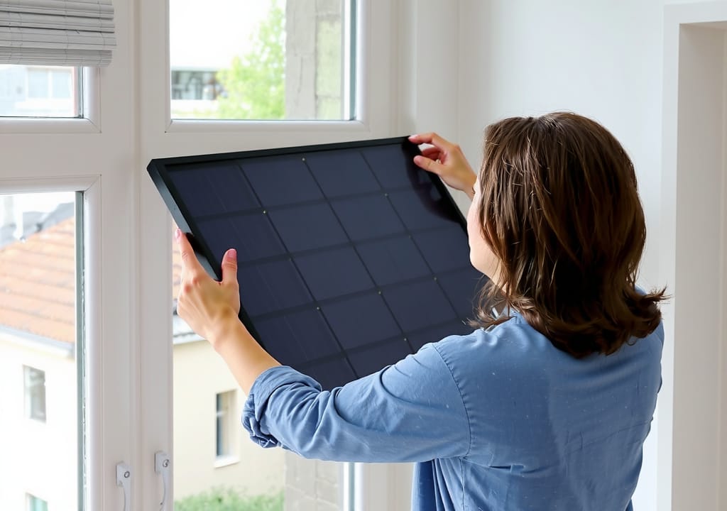 Woman setting up a small solar panel