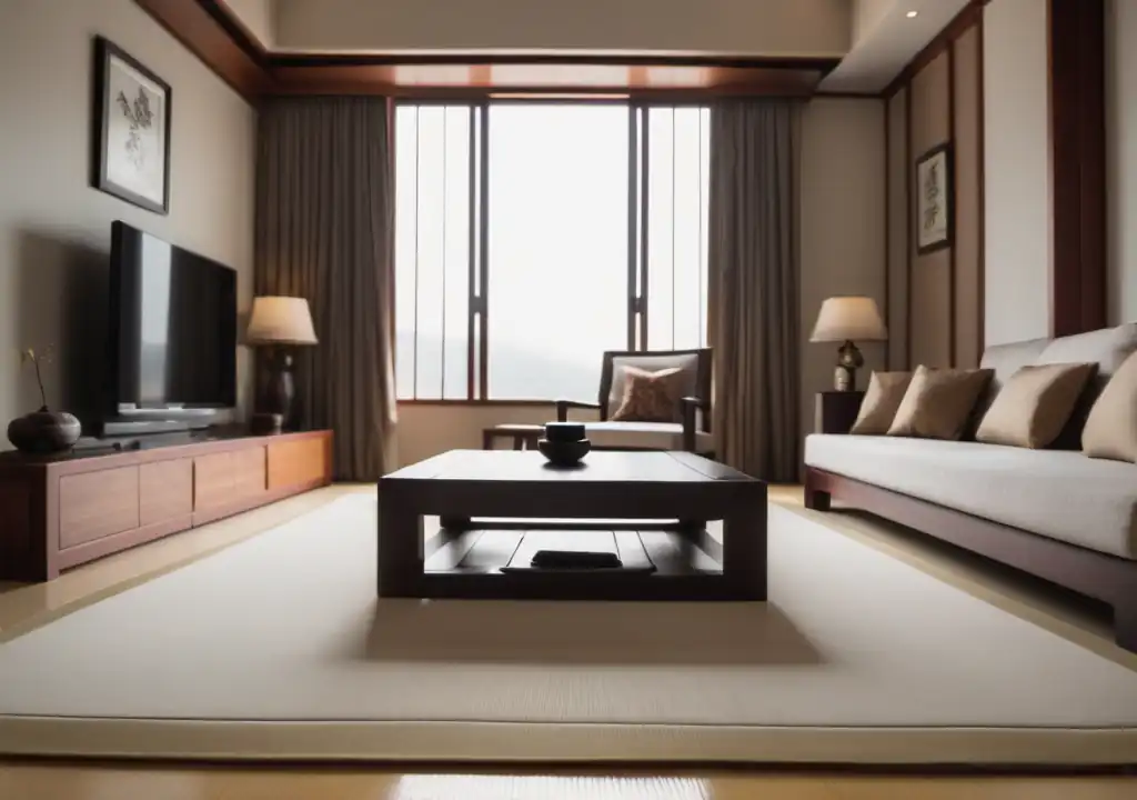 A brightly lit Asian Zen styled living room, dark wooden table, light colors, television