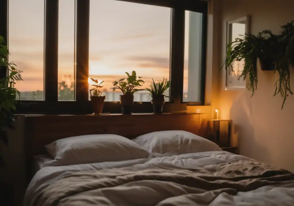 Close up shot of bed and window during a sunset, bedroom in the biophilic style and materials, white sheets, pillows and plant decor