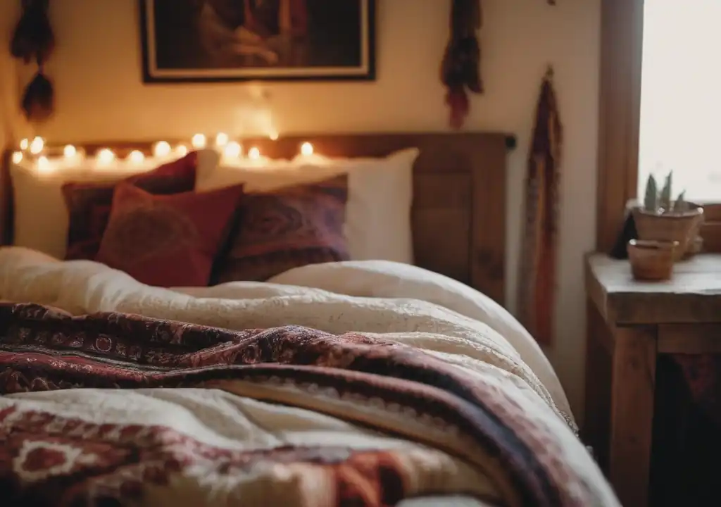 A close up and moody shot of a messy bed in the style of Bohemian, headboard lights, detailed patterned sheets, during the day