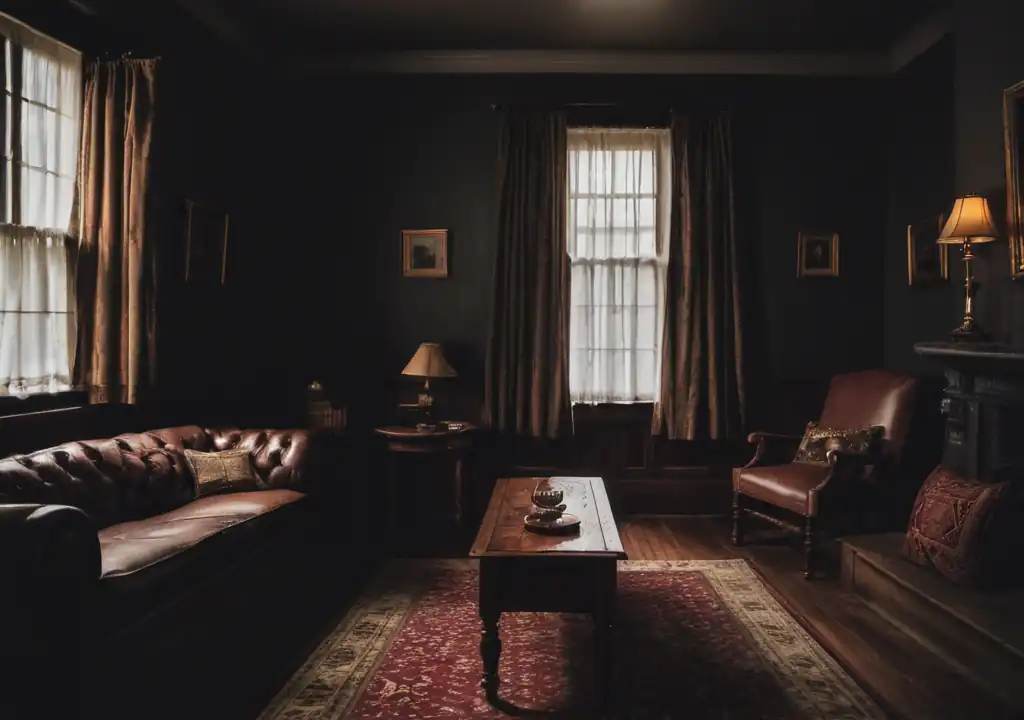 A Colonial themed lounge room with dark light and a very moody setting, during the day, high vignette