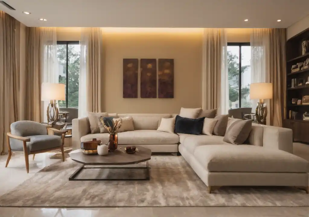 Super modern furniture, contemporary living space, corner and ceiling lights