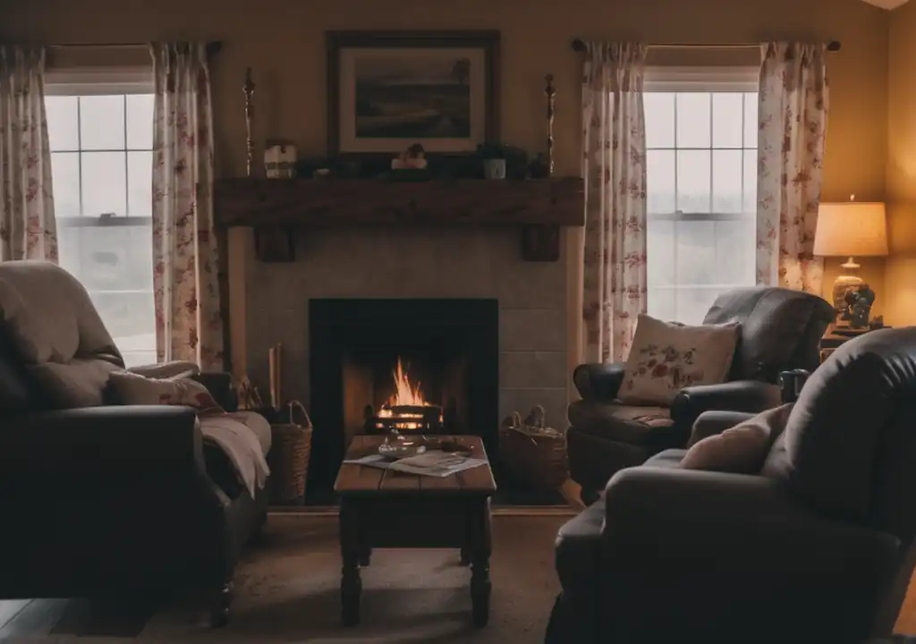 A beautiful homely lounge in a cottagecore theme, three one-seater chairs facing each other, patterned curtains and pillows